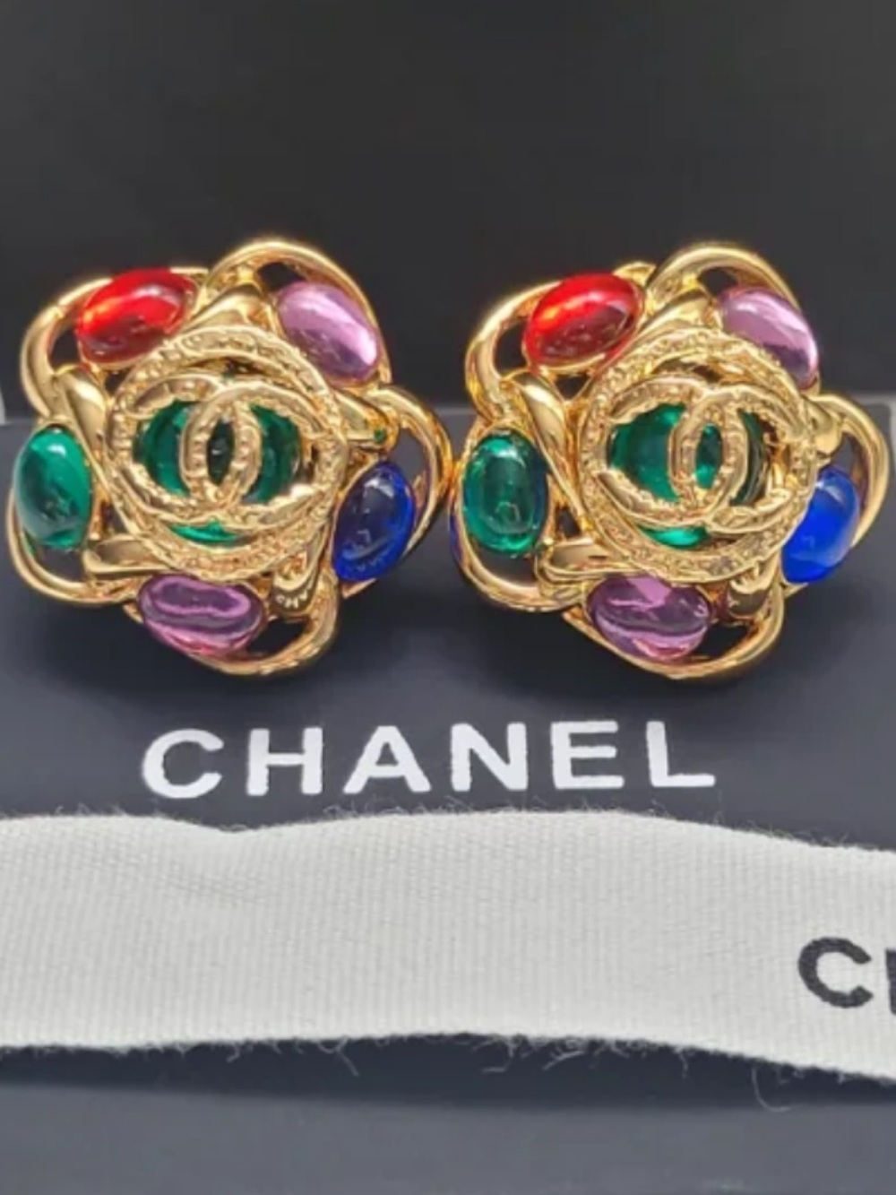 Vintage ChaneI Gripoix Colorful Stone Gold Tone Clip On Earrings